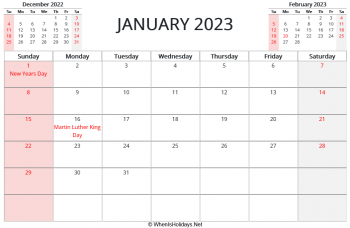 january 2023 calendar with us holidays and two mini calendars, horizontal layout