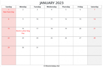 january 2023 printable calendar with us holidays, landscape layout