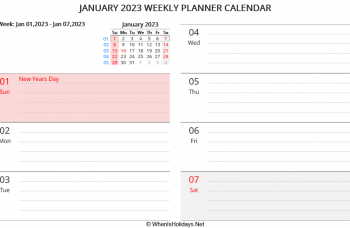 january 2023 weekly planner calendar with us holidays, horizontal layout