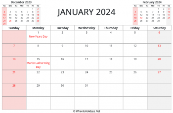 january 2024 calendar with us holidays and two mini calendars, horizontal layout