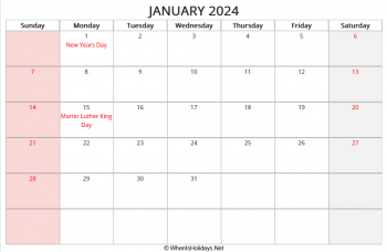 january 2024 printable calendar with us holidays, landscape layout