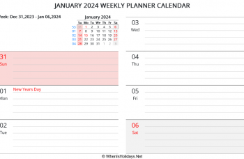 january 2024 weekly planner calendar with us holidays, horizontal layout