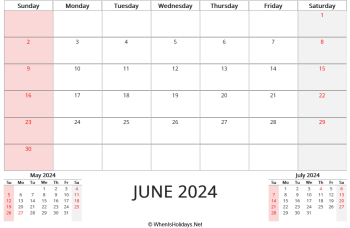 june 2024 calendar printable with us holidays and two mini calendars at bottom, horizontal layout