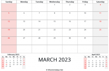 march 2023 calendar printable with us holidays and two mini calendars at bottom, horizontal layout