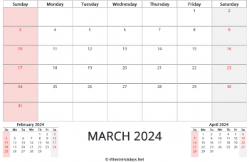 march 2024 calendar printable with us holidays and two mini calendars at bottom, horizontal layout