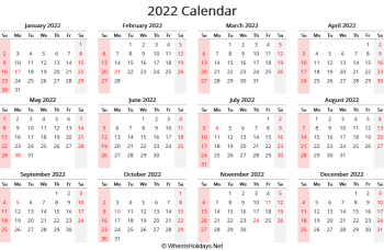 Monthly Calendar With Holidays 2022 2022 Calendar Printable | Whenisholidays.net