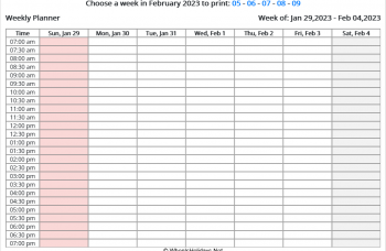weekly calendar february 2023, landscape layout