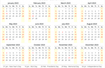 yearly calendar 2023 with us holidays, horizontal layout