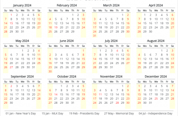 yearly calendar 2024 with us holidays, horizontal layout