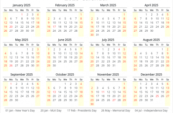 yearly calendar 2025 with us holidays, horizontal layout