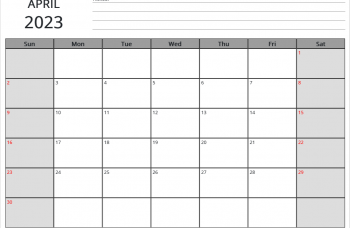 2023 april calendar with us holidays, sunday start, notes on top, landscape letter
