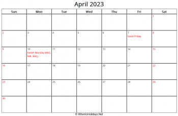 april 2023 calendar with uk bank holidays, sunday start, landscape letter