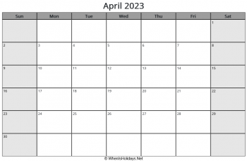 april 2023 calendar with us holidays, sunday start, landscape letter