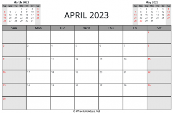 april 2023 printable calendar with us holidays, sunday start, landscape letter