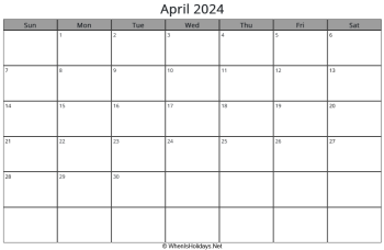 april 2024 calendar with week start on sunday, landscape, letter paper