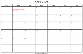 april 2024 calendar with uk bank holidays, sunday start, landscape letter