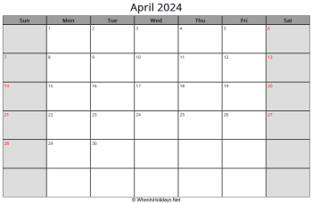 april 2024 calendar with us holidays, sunday start, landscape letter