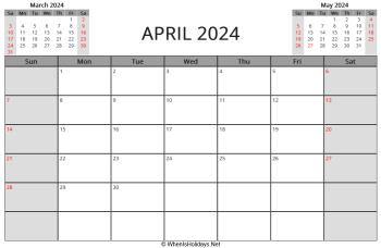 april 2024 printable calendar with us holidays and week start on sunday, landscape, letter paper