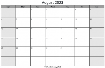 august 2023 calendar with us holidays and week start on sunday, landscape, letter paper