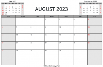 august 2023 printable calendar with us holidays and week start on sunday, landscape, letter paper