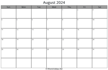august 2024 calendar with week start on sunday, landscape, letter paper