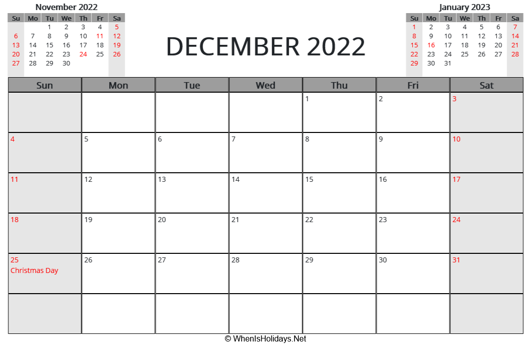 Printable Calendar December 2022 Landscape December 2022 Printable Calendar With Us Holidays And Week Start On Sunday ( Landscape, Letter Paper Size)