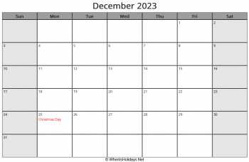 december 2023 calendar with us holidays and week start on sunday, landscape, letter paper
