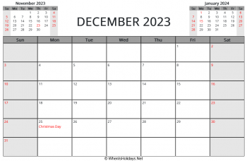 december 2023 printable calendar with us holidays and week start on sunday, landscape, letter paper