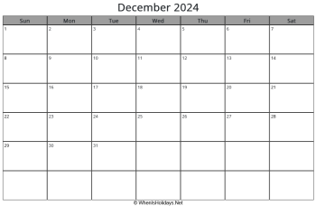 december 2024 calendar with week start on sunday, landscape, letter paper