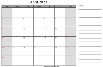 editable april 2023 calendar with us holidays, sunday start, notes on right, landscape letter