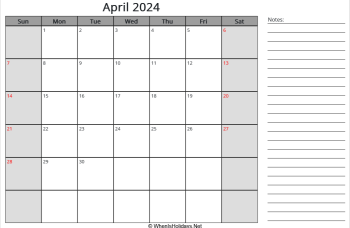 editable april 2024 calendar with us holidays, sunday start, notes on right, landscape letter