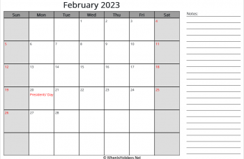 editable february 2023 calendar with us holidays, sunday start, notes on right, landscape letter