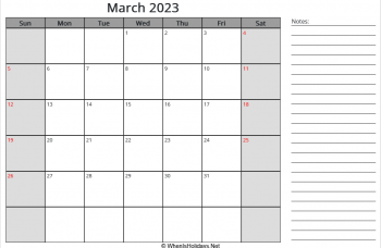 editable march 2023 calendar with us holidays, sunday start, notes on right, landscape letter