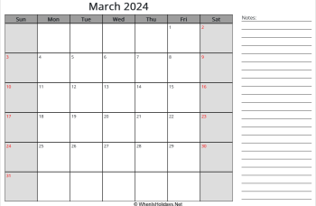 editable march 2024 calendar with us holidays, sunday start, notes on right, landscape letter