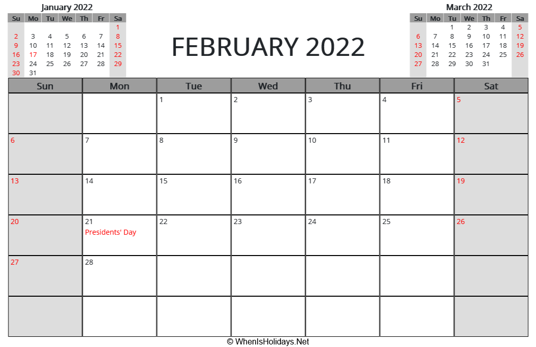 February 2022 Calendar With Holidays February 2022 Printable Calendar With Us Holidays And Week Start On Sunday  (Landscape, Letter Paper Size)