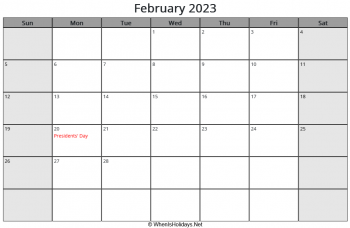 february 2023 calendar with us holidays, sunday start, landscape letter