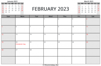 february 2023 printable calendar with us holidays, sunday start, landscape letter
