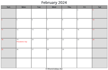 february 2024 calendar with us holidays and week start on sunday, landscape, letter paper
