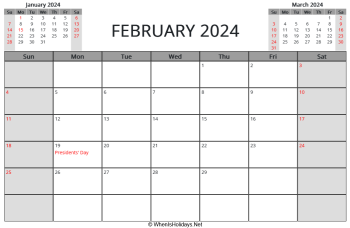 february 2024 printable calendar with us holidays and week start on sunday, landscape, letter paper