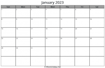 january 2023 calendar with week start on sunday, landscape, letter paper