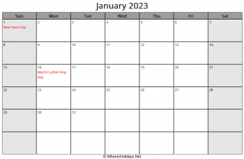 january 2023 calendar with us holidays and week start on sunday, landscape, letter paper