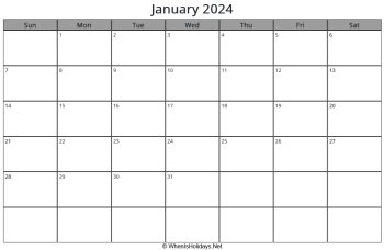 january 2024 calendar with week start on sunday, landscape, letter paper