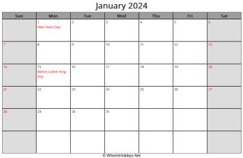 january 2024 calendar with us holidays and week start on sunday, landscape, letter paper