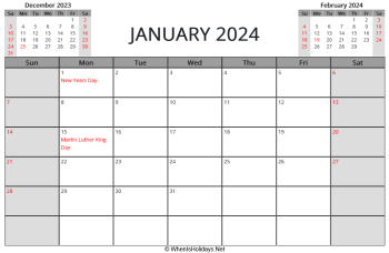 january 2024 printable calendar with us holidays and week start on sunday, landscape, letter paper