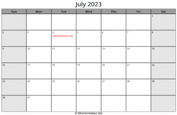 july 2023 calendar with us holidays and week start on sunday, landscape, letter paper