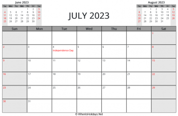 july 2023 printable calendar with us holidays and week start on sunday, landscape, letter paper
