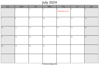 july 2024 calendar with us holidays and week start on sunday, landscape, letter paper