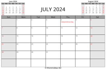 july 2024 printable calendar with us holidays and week start on sunday, landscape, letter paper