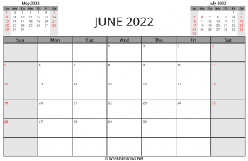 Print Calendar June 2022 June 2022 Printable Calendar With Us Holidays And Week Start On Sunday  (Landscape, Letter Paper Size)
