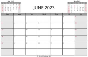 june 2023 printable calendar with us holidays and week start on sunday, landscape, letter paper